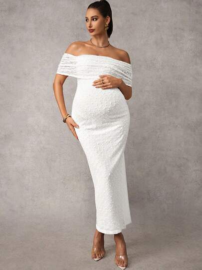 MaterniChic Elegant Solid Color Textured Off Shoulder Maternity Dress Long White Dress Women White Maternity Photoshoot Dress Off Shoulder White Dress Maternity White Dress Pregnancy Dress For Photoshoot