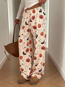 Aloruh 万圣节低腰系带阔腿南瓜蝙蝠印花女裤 - 彩色 - 查看 3