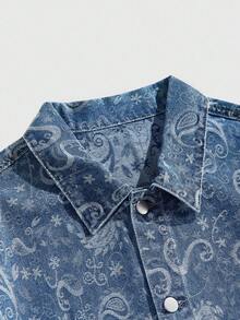 ROMWE MEN Street Life 男士休闲牛仔夹克，佩斯利印花，单排扣，长袖，秋季 - 藍色 - 查看 3