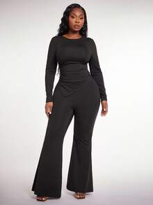 SHEIN SXY 大码女装秋冬性感黑色紧身长袖小立领腰聚拢斜下摆开衩背心和紧身裤两件套，适合性感办公室。 - 黑色 - 查看 4