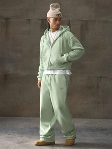 AXEPEAK 男士纯色拉链连帽衫和抽绳腰运动裤套装，羊毛，秋冬服装 - 薄荷綠 - 查看 3