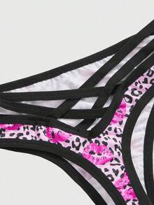 ROMWE J-Fashion 3pcs/Set Women's Leopard Print Lip Pattern Criss-Cross Thong Panties - Multicolor - View 3