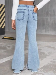 SHEIN Streecool Kids Girls' Retro High Waist Washed Blue Flared Jeans, Children Elastic Slim Fit Frayed Hem Design Denim Flared Pants, Suitable For Casual Outings And Outdoor Wear Fall Winter