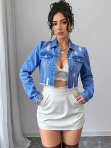 Elenzga Ripped Frayed Raw Hem Crop Denim Jacket - Medium Wash - View 6