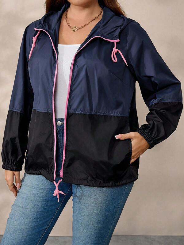EMERY ROSE Plus Size Women's Color Block Hooded Drawstring Zip Up Casual Jacket Fall Winter Cloth For Women Autumn