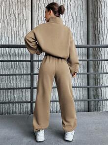 SHEIN Cottnline Cotton Letter Patched Drop Shoulder Half Zip Sweatshirt & Sweatpants - Apricot - View 2