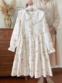 Vintaside Kids 女童荷叶边领纯棉连衣裙 女童鸭子印花宽松休闲连衣裙 女童卡通公主裙