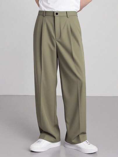 Calvornis Men's Solid Color Pleated Casual Formal Button Trousers Suit Pants Loose Pants