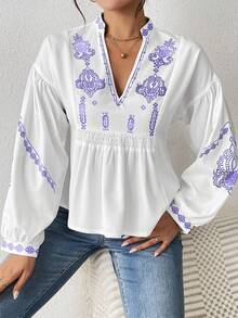 SHEIN LUNE 女式褶皱图案印花长袖纽扣衬衫荷叶边上衣 - 紫色 - 查看 6