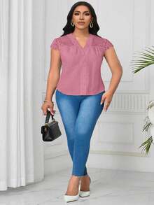 SHEIN Clasi Áo cánh vải họa tiết ren tương phản cổ chữ V cỡ lớn - Hồng - Xem 6