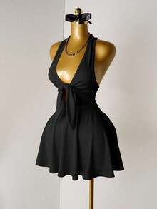 Mistrie Women's Solid Color Front Knot Deep V Sexy Halter Dress - Black - View 5