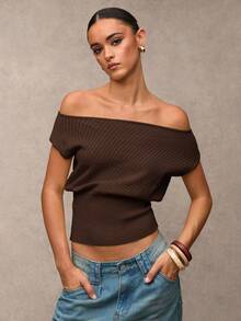 SHEIN BAE Women's Solid Color Batwing Short Sleeve Casual Regular Knit Top,Fall,Brown Sweater - Coffee Brown - View 3