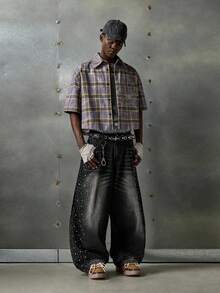 NEON BLANC 男士前卫紫色格子蜘蛛网水钻装饰宽松落肩衬衫 - 紫色 - 查看 1