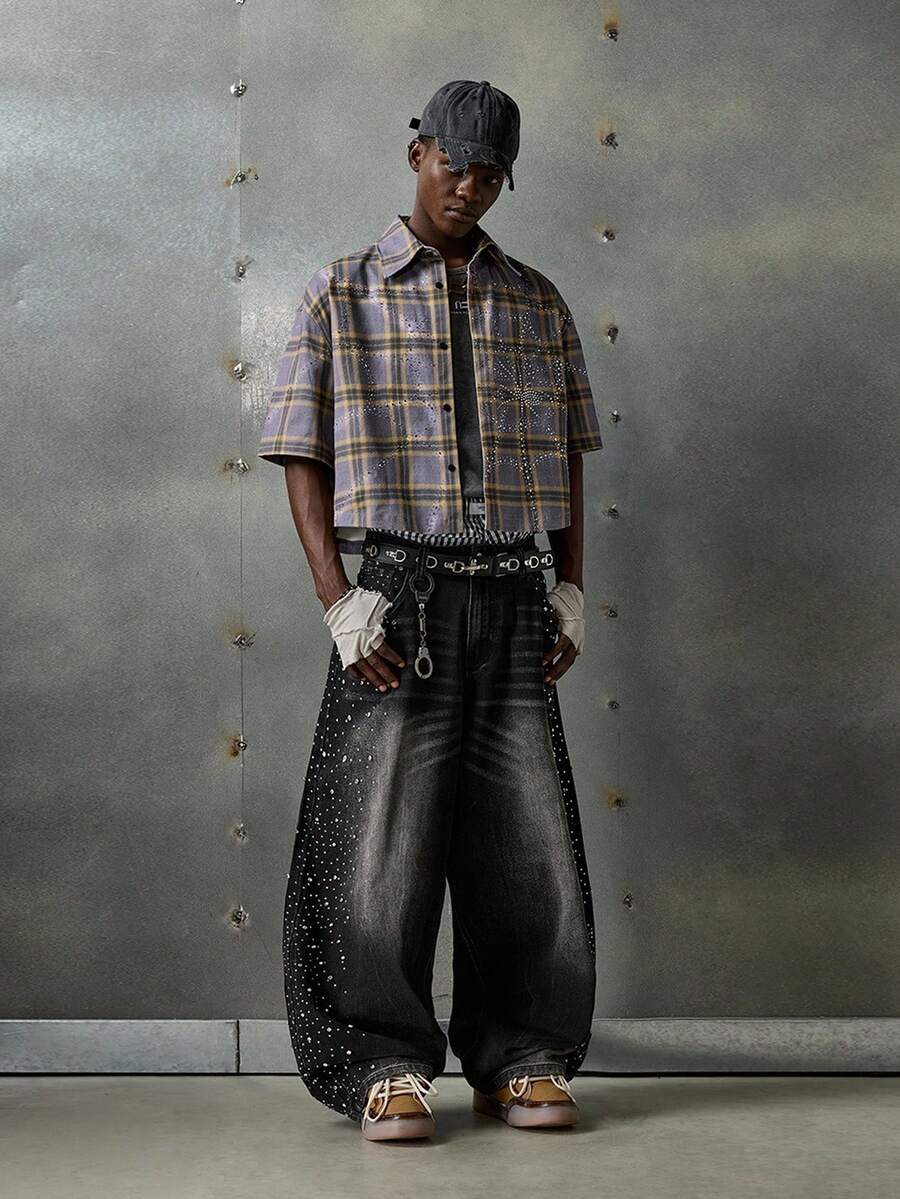 NEON BLANC 男士前卫紫色格子蜘蛛网水钻装饰宽松落肩衬衫 - 紫色 - 查看 1