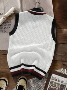 Manfinity EZcore 男士休闲通勤撞色边饰麻花针织毛衣背心，秋冬 - 白色 - 查看 2