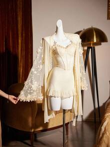 Slumberist Women's Sleepwear Set With Embroidered Floral Mesh Slip Dress And Robe Lace Sleepwear Lingerie Robe Set Long Sleeve Lingerie Set - Apricot - View 8