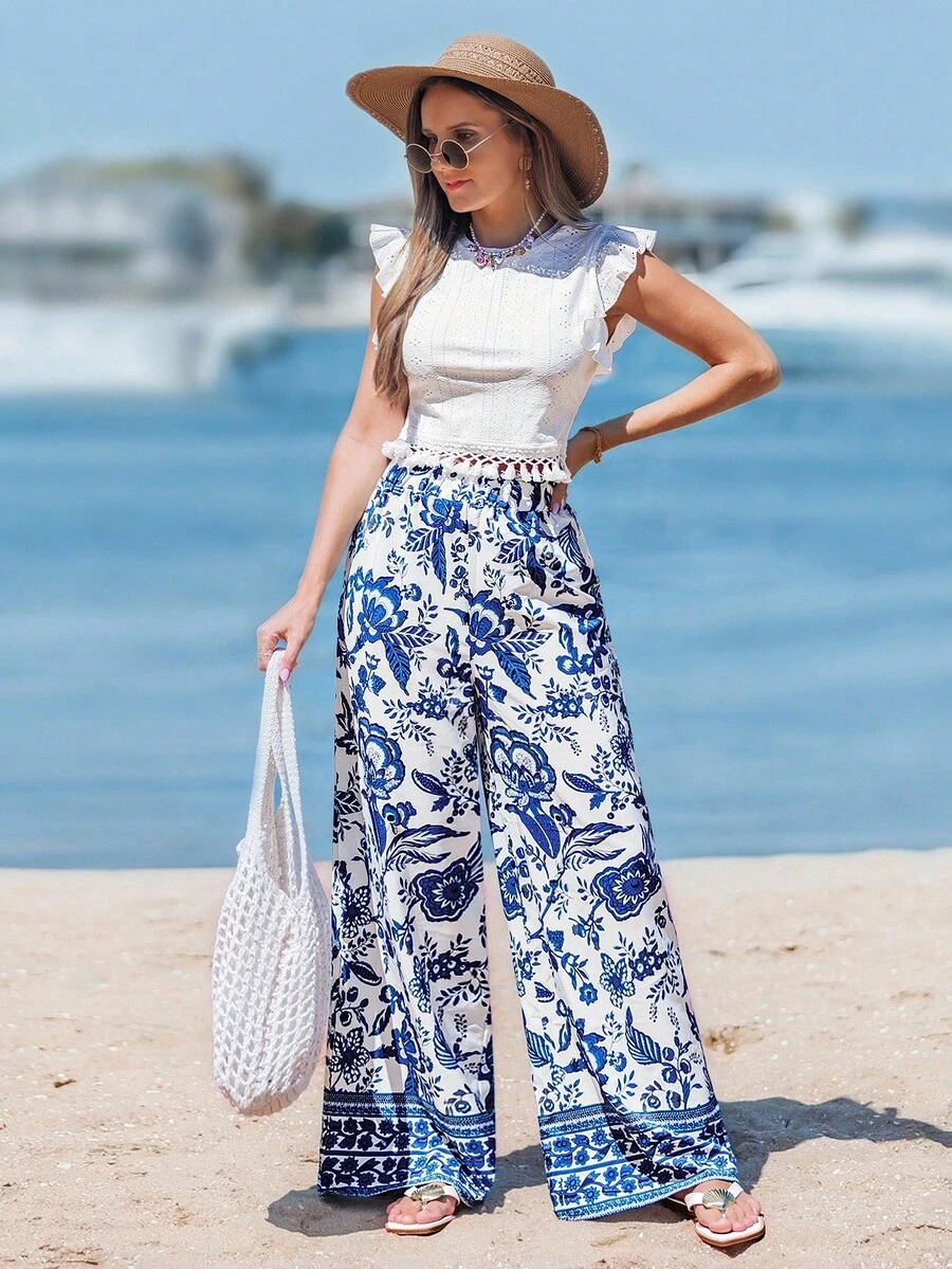 Sylviya 花朵图案荷叶边下摆度假风两件套 - 白色 - 查看 1