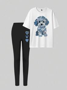 SHEIN Bộ 2 món áo thun tay ngắn in họa tiết hoa và cún con sáng tạo thường ngày dành cho nữ, trang phục mùa thu - Nhiều màu - Xem 4