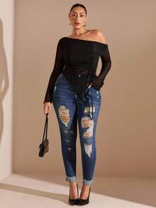 SHEIN BAE Plus Size Washed Ripped Jeans, Fall Women Clothes - Blue - View 4