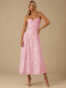 Enchnt 女士优雅褶皱胸围纹理露背吊带连衣裙 - 珊瑚粉 - 查看 4