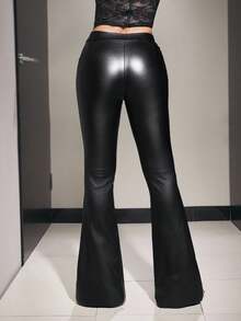 Jeanoix Pantalones de campana de moda de piel sintética con cintura asimétrica de unicolor para mujer