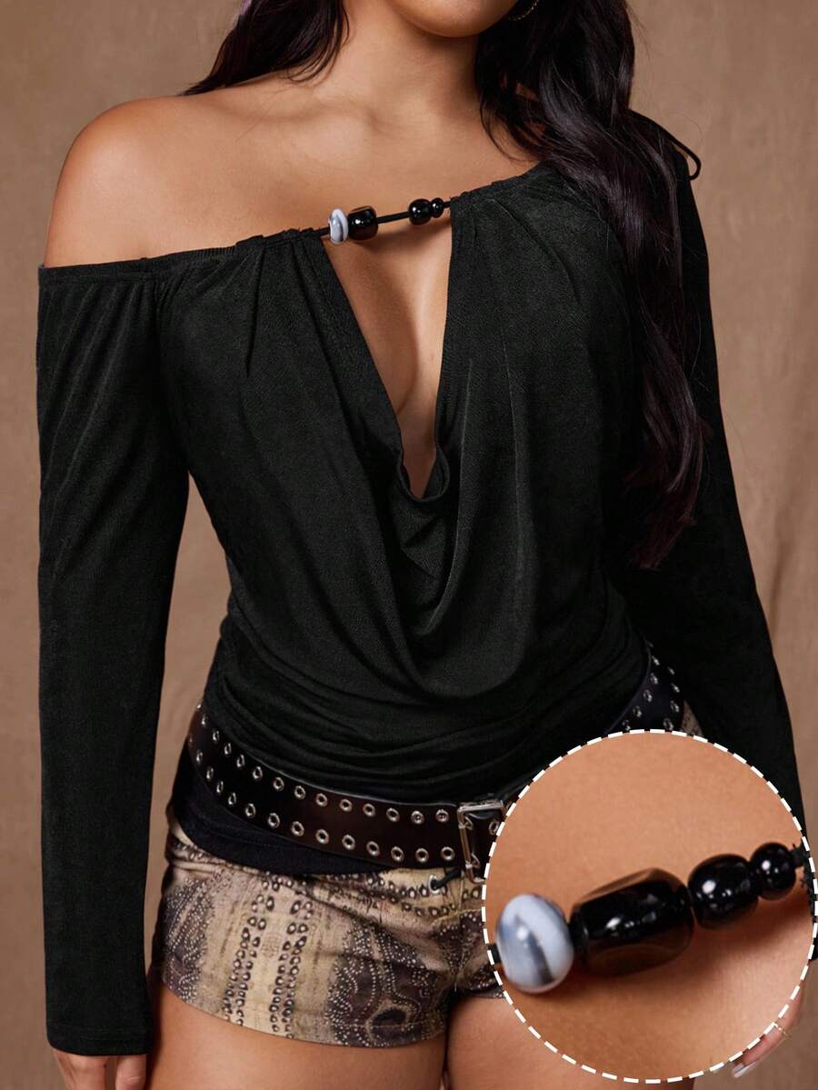 Rustia Áo thun dài tay cổ tròn cổ rộng thu đông cho nữ, cổ khoét sâu, cổ rộng đính hạt, dây rút, dáng ôm, phong cách cổ điển gợi cảm, tối giản, thanh lịch - màu đen - Xem 1