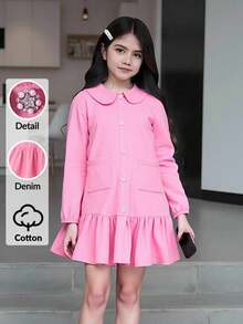 Tween Girl Fuchsia Peter Pan Collar Long Sleeve Ruffle Hem Casual Cute Sweet Pleated Dress - Hot Pink - View 3