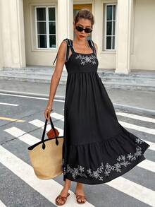 SHEIN Frenchy Women's Embroidered Tie Shoulder Maxi Dress,Black Floral Print Sleeveless Boho Summer Beach Dress,Elegant Vacation Holiday Outfits,Business Casual - Multicolor - View 3