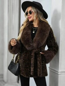 EMERY ROSE Women's Leopard Print Lapel Long Sleeve Faux Fur Fashion Jacket Women's Winter Clothes Women's Winter Coat Winter Coats For Women Women's Winter Jacket - Coffee Brown - View 7