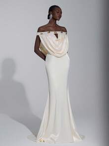 Elitara Thanh lịch, Sang trọng, Thời trang, Lãng mạn, Màu mơ, Vải satin co giãn, Viền đuôi cá, Trang trí khóa kim loại, Dài thướt tha, Thích hợp cho kỳ nghỉ, Đám cưới, Tiệc độc thân, Váy dạ hội trang trọng, Váy dạ hội trang trọng - Màu be - Xem 7