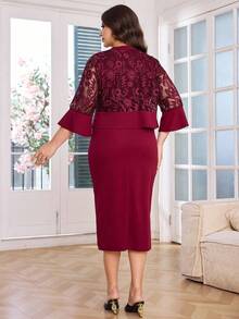 Lacomfia Vestido ajustado de oficina elegante con camisola de encaje bordado para mujer, talla grande - Rojo - Ver 2