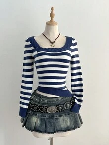 Flirla Sweater Rajut Bergaris Pas Badan dengan Warna Kontras untuk Wanita, Pakaian Musim Gugur dan Musim Dingin yang Modis & Serbaguna untuk Wanita - MultiWarna - View 3