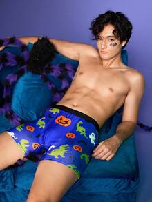 Notgurli Halloween Colorblock Pumpkin Dinosaur Ghost Spider Web Cute Funny High Waist Boxer Briefs, Comfortable Lifting For Men - Blue - View 3