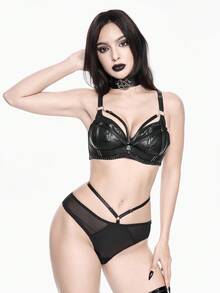 ROMWE Grunge Punk Dark Punk PU Underwire Bra & Thong Lingerie Set - Black - View 2