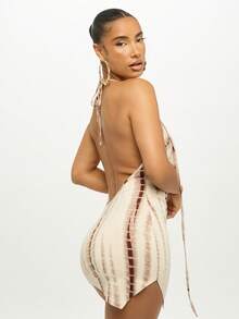 SUMWON WOMEN Distressed Print Mini Dress Satin Finish Cowl Neck Tie Side Adjustable Clubwear Party Evening Fashion Forward Bodycon Design Trending Now Fall Winter Collection - Brown - View 2