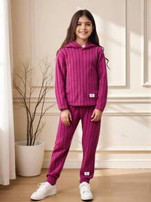 SHEIN 青少女字母拼接垂肩連帽t恤＆緊身褲 - 玫紅色 - 查看 10