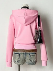 EgrlEra Women Fall Long Sleeve Lace Patchwork Bow Zipper Hoodie,Long Sleeve Tops Pullover - Pink - View 2