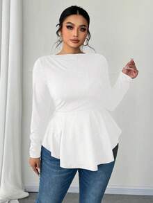 Elenzga 大码女式露肩长袖收腰A字T恤，白色休闲上衣 - 白色 - 查看 6