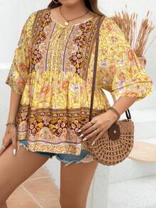 EMERY ROSE Áo Babydoll họa tiết hoa cổ thắt nút tay cánh dơi cho nữ mùa hè thường ngày cỡ lớn - Màu vàng - Xem 5