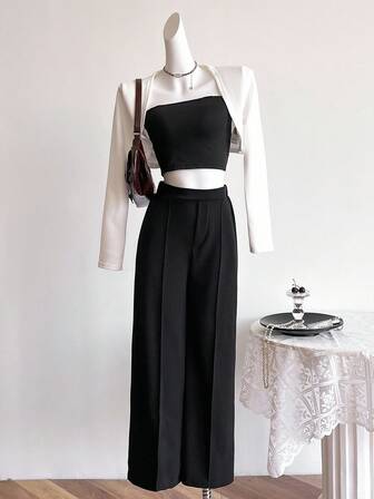 Sweetra Young Conjunto de 3 piezas de chaleco, camiseta sin mangas y pantalones elegantes y simples tipo commuter para adolescentes, para otoño e invierno