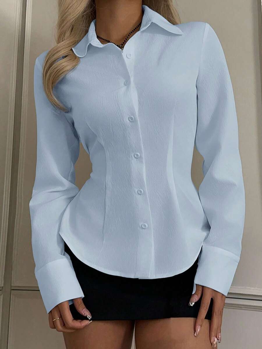 SHEIN EZwear 浅蓝色女士休闲腰部收紧长袖纽扣衬衫,适合秋冬季 - 淺藍色 - 查看 1