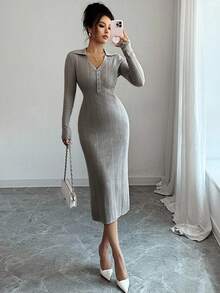 Modelyn 女式纯色长袖纽扣半开襟修身优雅针织连衣裙，秋季 - 灰色 - 查看 1