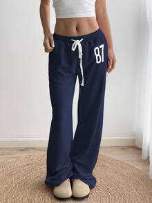 Sunnyshic Grey 87 Embroidered Low Waist Waistband Contrast Ribbed Drawstring Tie Slant Pockets Straight Leg Loose Sweatpants, Casual Homewear, Daily Wear, Retro Sports, Minimalist Design, For Women, Spring/Summer