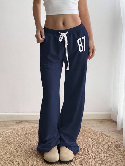 Sunnyshic Grey 87 Embroidered Low Waist Waistband Contrast Ribbed Drawstring Tie Slant Pockets Straight Leg Loose Sweatpants, Casual Homewear, Daily Wear, Retro Sports, Minimalist Design, For Women, Spring/Summer