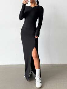 SHEIN 少女黑色针织开衩连衣裙，时尚百搭，适合日常穿着 - 黑色 - 查看 6