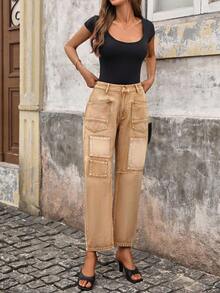SHEIN LUNE بنطلون جينز ذو أرجل مستقيمة وجيوب متعددة - أصفر - مشاهدة 7