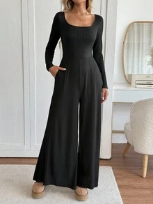 Easowa 2 件套：方领贴袋修身阔腿连体裤休闲宽松优雅办公室女士裤套装 - 黑色 - 查看 3