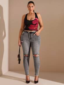 SHEIN BAE Plus Size Distressed Black Skinny Stretch Denim Jeans, Fall Women Clothes - Black - View 1