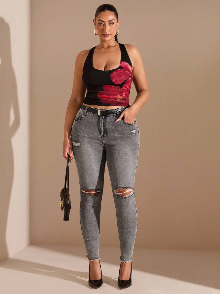 SHEIN BAE Plus Size Distressed Black Skinny Stretch Denim Jeans, Fall Women Clothes - Black - View 1