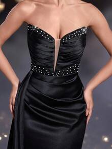 Glamrae 优雅、浪漫、性感、简约的黑色缎面亮片拼布亮片装饰露肩深 V 领褶饰紧身鱼尾礼服，侧开衩拖尾，时尚、网红、节日、生日派对、婚礼、正式晚会 - 黑色 - 查看 4